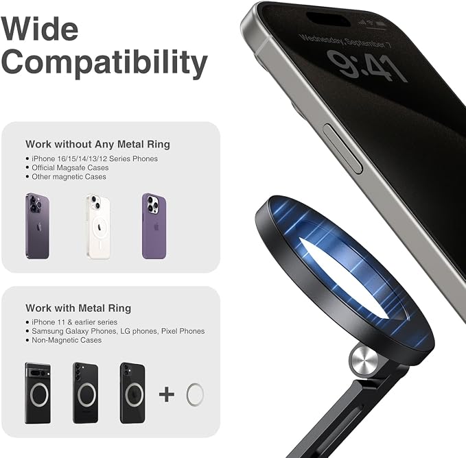 elitehood Magnetic Camera Phone Mount, Magsafe iPhone Tripod Mount | 360° Rotatable Cold Shoe Base, iPhone Tripod Adapter 1/4” Screw & Hot Shoe, 180° Tilt Cell Phone Holder for Tripod Attachment - Image 7