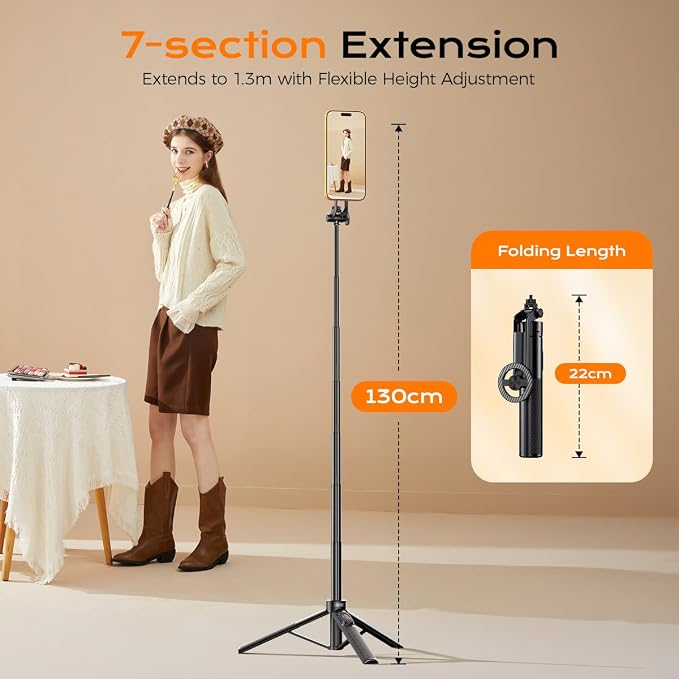 Magnetic Phone Tripod,51" Adjustable and Foldable Selfie Stick Tripod for iPhone with Remote,Strong Magnet Selfie Stick Stand for Traveling, Recording,Taking Selfies and Live Streaming - Image 3