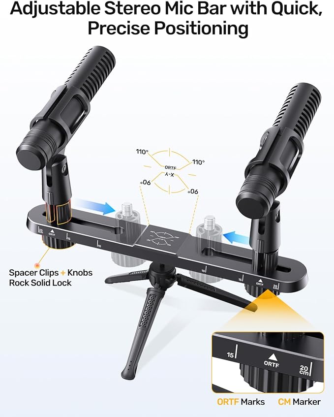 Stereo Mic Bar, Adjustable Dual Microphone Mount Bar,Universal Double Mic Holder for Stand,Precision Stereo Spacing Mic Bar for Podcast,Live Streaming,Studio Recording,Fit 3/8"&5/8" Threaded Mic Stand - Image 2