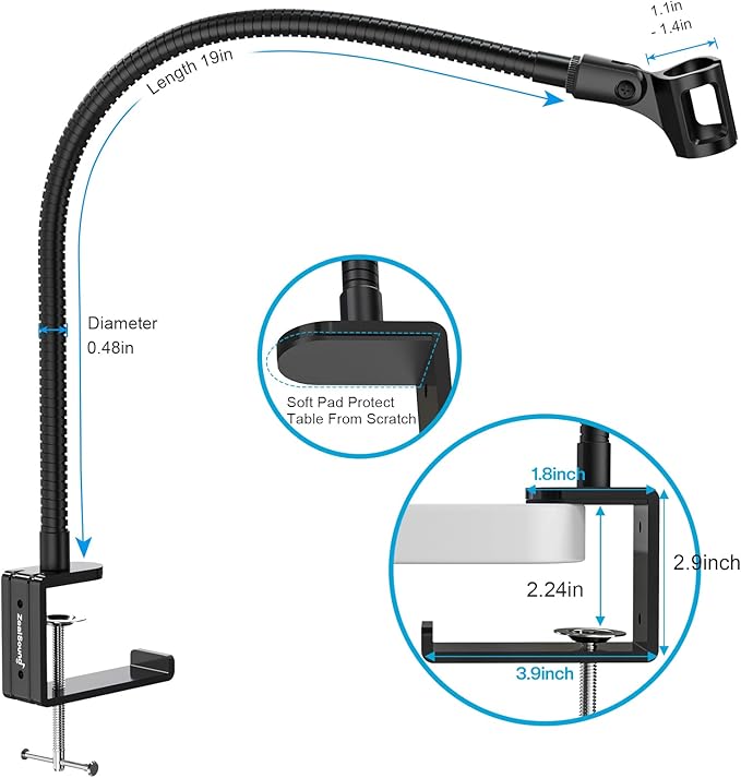 ZealSound Microphone Stand Gooseneck 19”, Flexible Clamp-On Desktop Mic Stand with 360° Adjustable Arm, 3/8" to 5/8" Adapter, Heavy-Duty Desk Mount, for Podcasting, Streaming, Podium & Public Speaking - Image 5