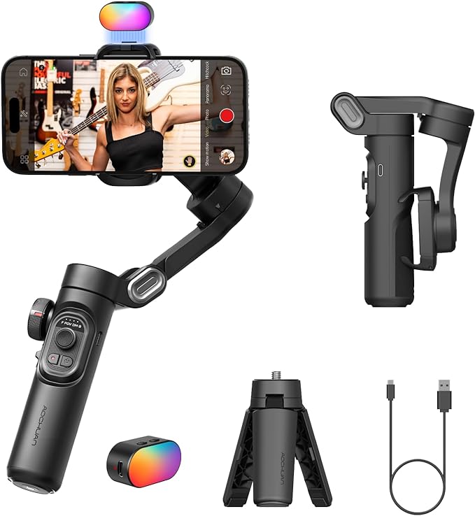 AOCHUAN Gimbal Stabilizer for Smartphone w/Gesture Control, XE Kit | Foldable handheld gimbal w/face tracking, magnetic fill light for TikTok, YouTube vlog and smartphone video recording by AOCHUAN