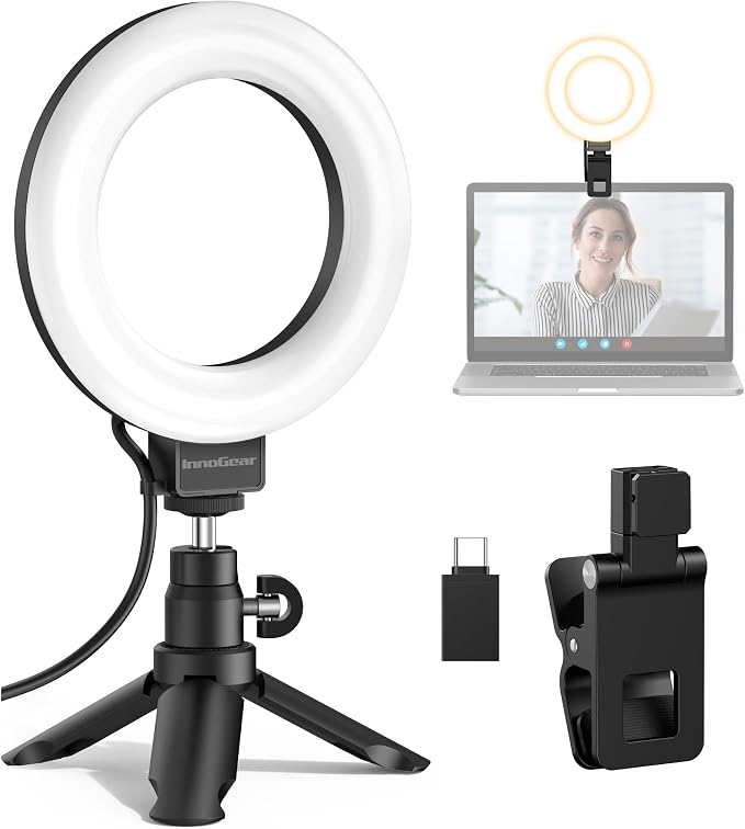 InnoGear 60 LED Ring Light with Stand for Computer Selfie Video Conference | LED Lights for Video, Clip On, Remote Control, 5 Color Modes, Adjustable, Monitor, Laptop, Easy to Attach, Recording by InnoGear
