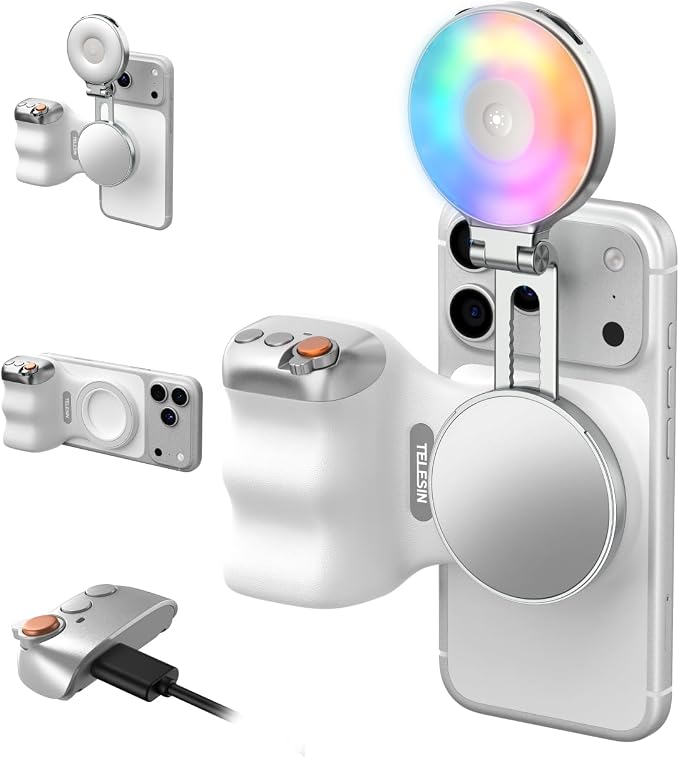 TELESIN Fun Shot Magnetic Phone Camera Grip & 4 in 1 RGB Selfie Light Kit | Phone Selfie Handle Creator Bundle Kit Compatible with iPhone Magsafe & Android Selfies/Photography/TikTok/Zoom Calls/Video by telesin