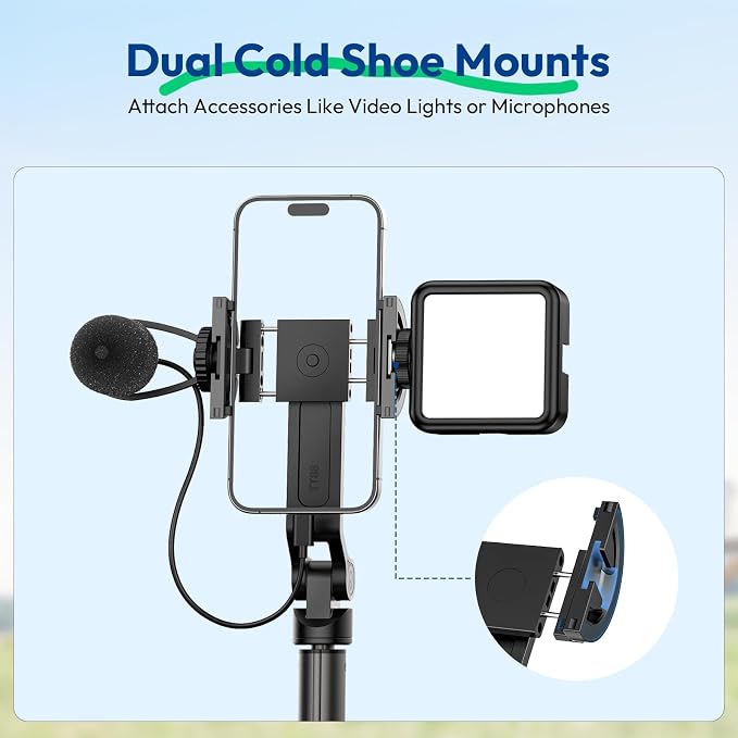 ULANZI TT88 Magnetic Tripod for iPhone 17, 57" Extendable Selfie Stick w Remote, 2-in-1 Phone Clip & Dual Cold Shoe Mounts-Lightweight Phone Tripod Stand for Vlogging, Travel, Video Recording, Black - Image 7