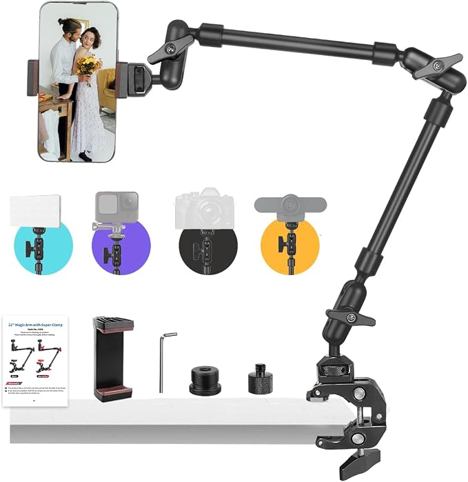 22" Magic Arm w Clamp, Overhead Phone Mount, Desk Camera Mount w Articulating Friction Boom Arm Thread Adapter, for Phone Video Light Webcam Microphone Action Camera Content Creators by JEBUTU