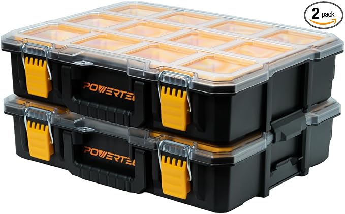 POWERTEC Small Parts Organizer & Tool Box – 10 Compartments, IP65 Water & Dust Protection, Stackable Storage with Interlocking Latch, Removable Tray, Clear Lid, Portable Design, 2-Pack (72365-P2) by POWERTEC