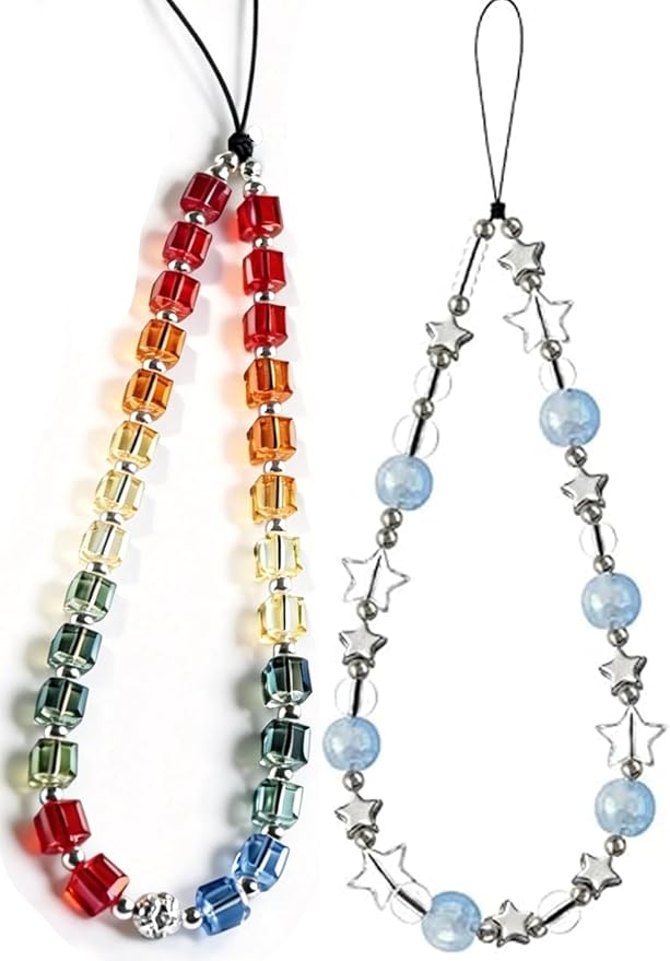 2 Pcs Phone Charm Strap Hand Wrist Strap Camera Lanyard Pearl Beaded Cute Chain String Accessories Universal for iPhone 17 Pro Max 16 15 Women Girls Keychain Bling Rainbow Multicolor and Silver Star by Casecond