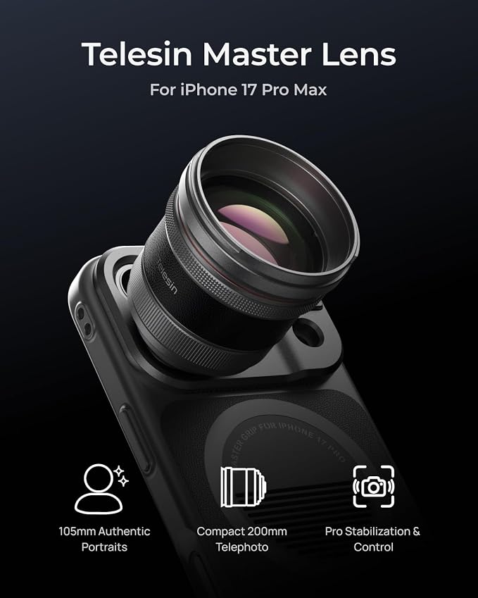 TELESIN 2X Telephoto Master Lens for iPhone 17 Pro Max with Hood/APP EIS | 105mm Authentic Portraits, 200mm Equivalent Optical Telephoto Extender for Wildlife/Sports/Concert Portrait Photography - Image 2