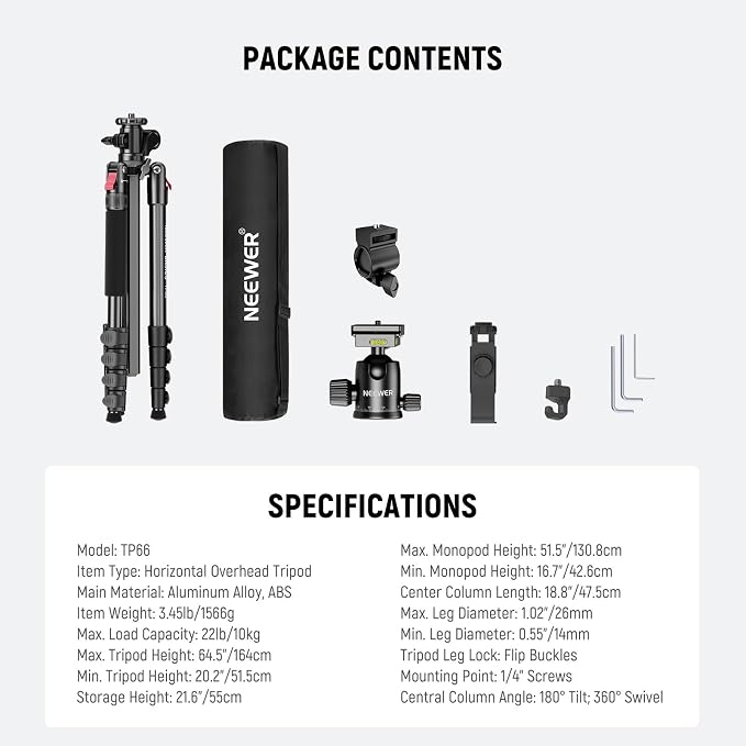 NEEWER Basics 64.5" Horizontal Overhead Tripod Monopod for Dual Camera Aluminum Travel DSLR Camcorder Stand with Cell Phone Holder Compatible with iPhone for Video Recording, 22lb/10kg Load, TP66 - Image 7
