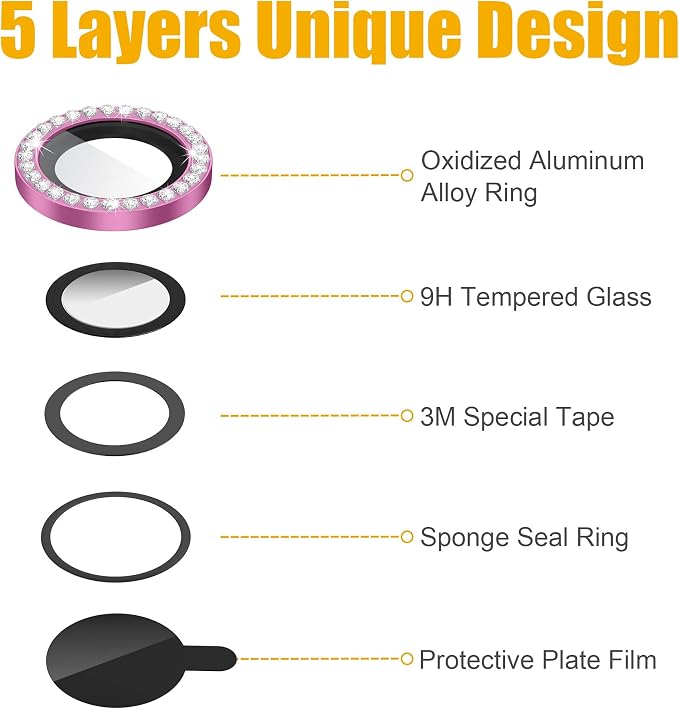 AGVEE 3+3 6 Pack for iPhone 14 Pro & Max Camera Lens Protector Cover | Individual Bling Diamond & Bling Glitter Sparkle Cute Gem Metal Ring, 9H Tempered HD Glass - Image 7