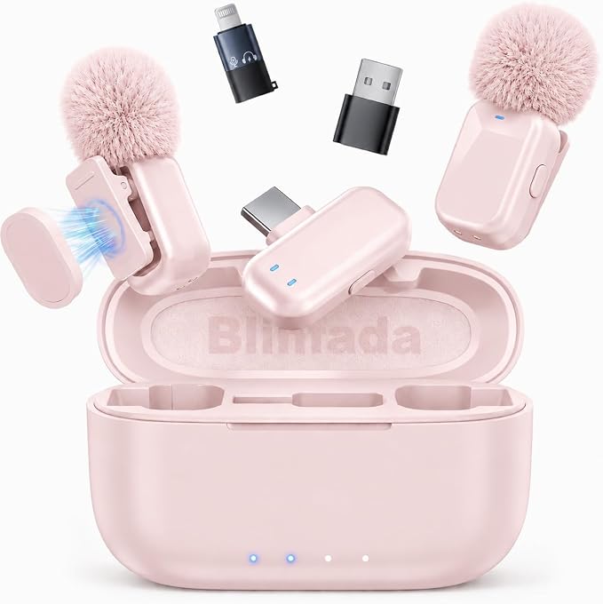 mini 2 Wireless Lavalier Microphones for iPhone 16/17 & Android, AI Noise Cancellation, App Control, 30H Battery with Charging Case, Lapel Microphone Wireless for Video Pink by Blinfada