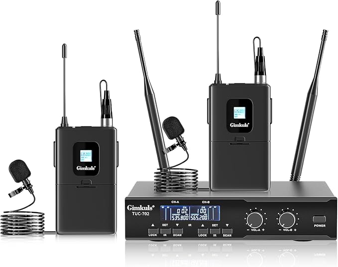 Gimkuls Wireless Lavalier Microphone System, Dual UHF Cordless Lapel Mic Set with 2 Bodypacks, 200 Channels, 328ft Range, XLR/6.35mm Outputs for Church, Speaking, Teaching, Interview by Gimkuls
