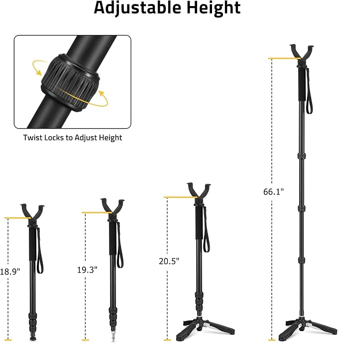CVLIFE Hunting Monopod Shooting Stick Tripod Gun Rifle Crossbow Rest | Tiltable and Horizontally Rotatable Tri-Stand Tripod Base, 20.5"-66.1" Height Adjustment, Aluminum, for Hunting Shooting - Image 2