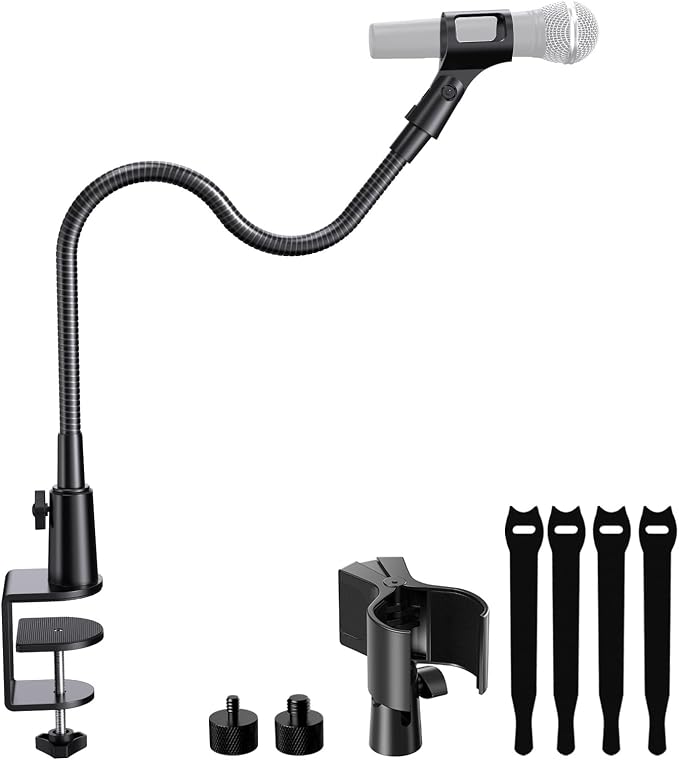 19" Flexible Gooseneck Mic Stand with Desk Clamp【Heavy Duty】, Dual Holder | Upgraded Desk Clamp, 2 Mic Holders, 1/4" and 3/8" Adapters, Ideal for Gaming, Live Streaming, Podcast, Conference, and Podium by Borenbuir