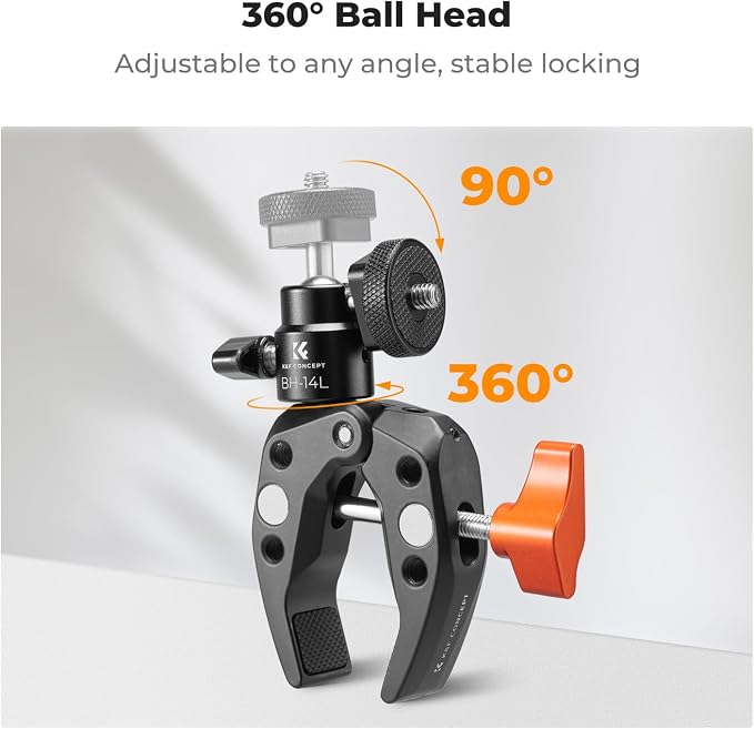 K&F CONCEPT Super Clamp Camera Clamp with 360° Ballhead | Compatible with GoPro/Insta360/Pocket 3, 1/4" Screw & Cold Shoe Mount for Camera/Monitor/Light/Microphone, MS26 - Image 6