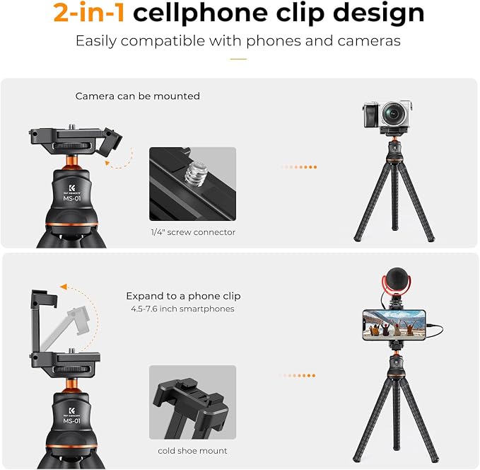 K&F CONCEPT Flexible Mini Tripod Stand | 1/4'' Screw with Phone Holder & Cold Shoe, Bluetooth Remote, 6.6lbs Max Load, MS01 - Image 2