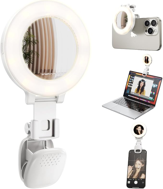 Portable Ring Light for Phone with Mirror, Rechargeable LED | Clip-On Selfie Light, 3 Colors 9 Brightness, for iPhone Laptop Webcam, Video Recording Vlogging Makeup, Content Creator by Blissfuhue