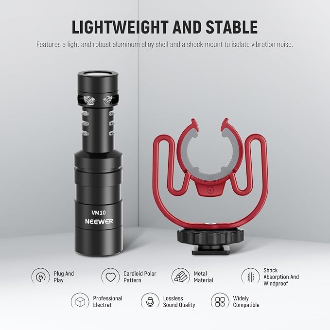 NEEWER VM10 Plug & Play Vlog Microphone for Camera, Mini Supercardioid Mic | 20-20KHz, Compatible with Sony Canon Nikon iPhone Samsung Android Tablet Mac, 3.5mm TRS, USB C OTG, Shock Mount, Windscreen - Image 3