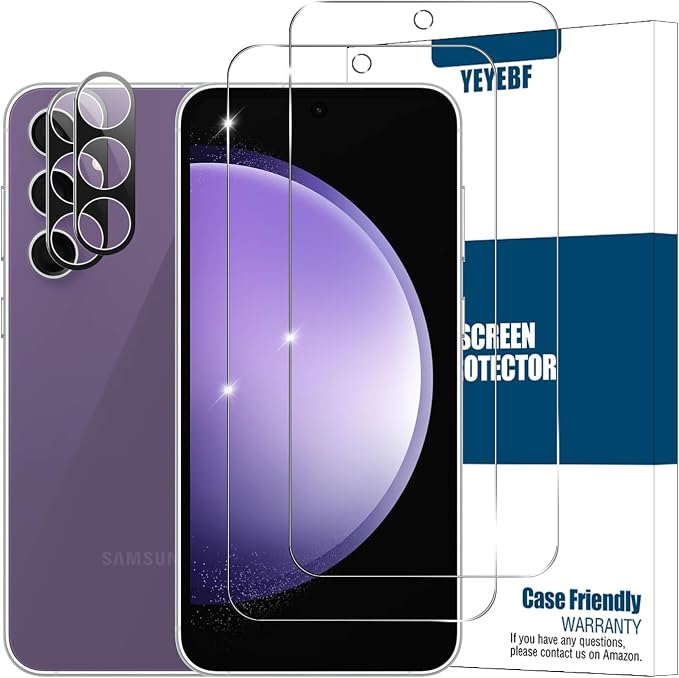 Galaxy S23 FE HD Clear Tempered Glass Screen Protector + Camera Lens Protectors, [2+2 Pack] [3D Glass] [Fingerprint Support] Screen Protector Glass For Samsung Galaxy S23 FE by YEYEBF