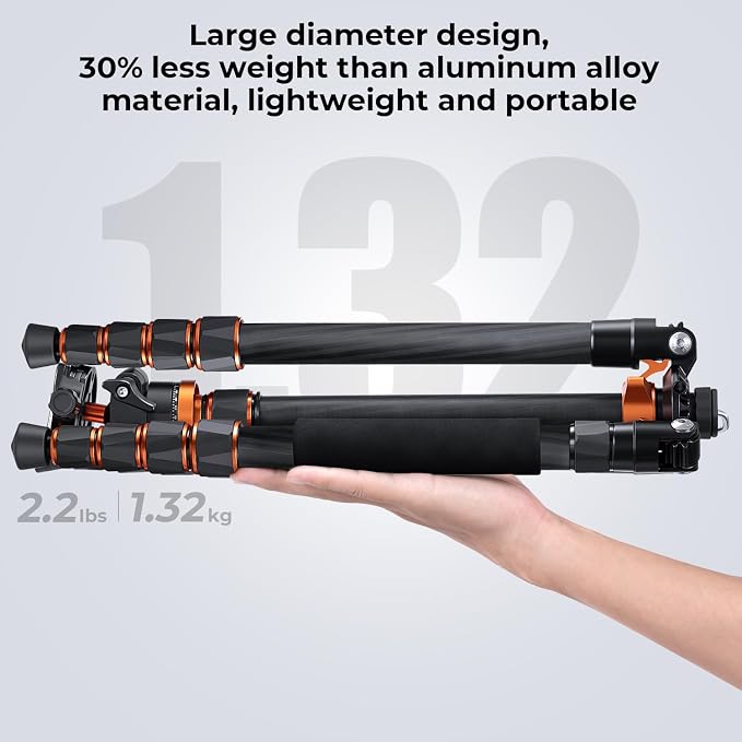 K&F Concept 68" Carbon Fiber Camera Tripod, Metal Ball Head for DSLR | 22lbs Load, Detachable Monopod, Compact Tripods with Phone Mount, Quick Release Plate, O255C4+BH-28L - Image 4
