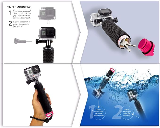Floating Hand Grip Waterproof Monopod for GoPro Hero 13 12 11 10 9 8 7 6 5 | Compatible With Insta360 Hero Session Handler & Handle Mount Accessories Kit for Water Sport & Action Cameras (Rose Red) - Image 7