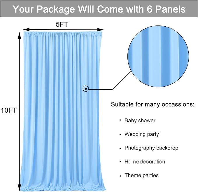 30ft x 10ft Baby Blue Backdrop Curtains for Parties, 6 Panels 5ftx10ft Thick Fabric Wedding Drapes Curtains Party Background for Baby Shower Birthday Parties - Image 6