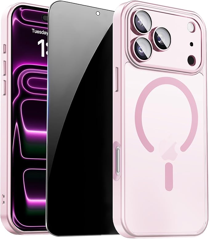 Magnetic for iPhone 17 Pro Case with Privacy Screen Protector, Pink | Full Camera Protection, Compatible with MagSafe, Translucent Matte Shockproof Phone Cover for iPhone 17 Pro Women Girls by ZOZDOKG