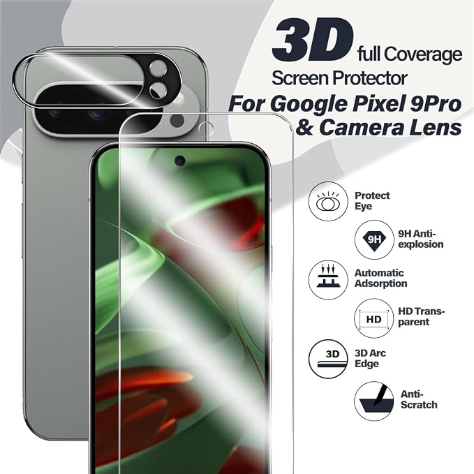 BIGFACE for Pixel 9 Pro Tempered Glass Screen Protector + Camera Lens Protector [ 2 + 2 Pack ][Ultrasonic Fingerprint Unlock] [Anti-Scratch] [Case Friendly] Clear HD Protective Film for Pixel 9 Pro 5G - Image 2
