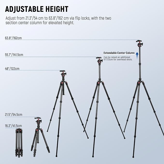 NEEWER Basics Carbon Fiber Travel Tripod, 64" Compact Lightweight Portable Camera Video Stand, Arca Type Ball Head & Cell Phone Holder Compatible with iPhone Video Recording, Max Load 13.2 lbs, TP17 - Image 3