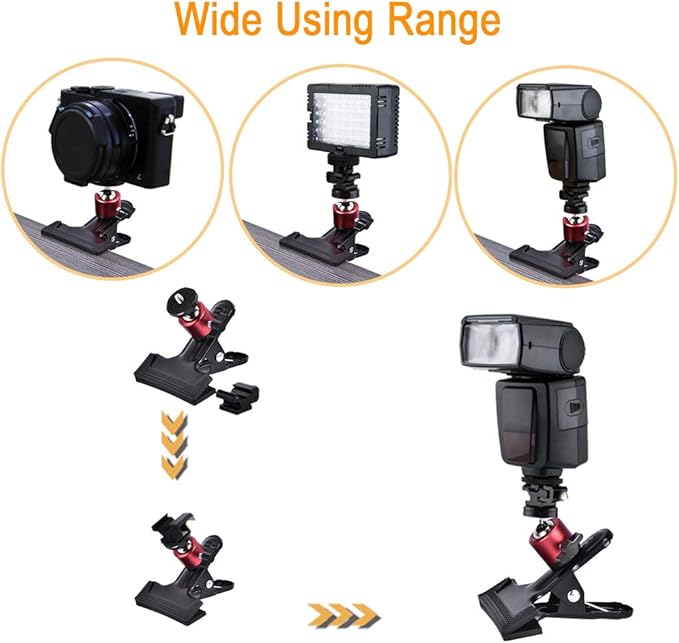 UTEBIT Tripod Camera Clip Clamp, with 360° Swivel Mini Ball Head, Black&Red | 2 Pack Clip Camera Mount Photography Accessories with 1/4'' Screw, Black Spring Clamp for DSLR Video Photoshoot Studio - Image 5