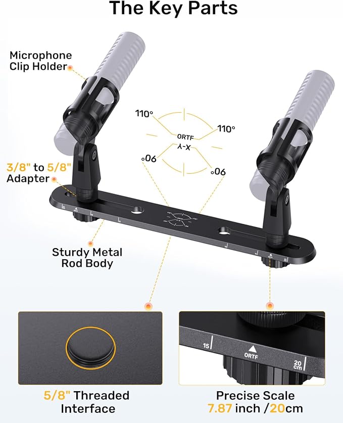 Stereo Array Spacing Mic Bar, Portable Dual Microphone Mount, Precision ORTF XY Stereo Bar, Lightweight Mic Holder for Podcast, Field Recording, 1/4”, 3/8” & 5/8” Thread Adapter Fits Most Mic Stands - Image 2