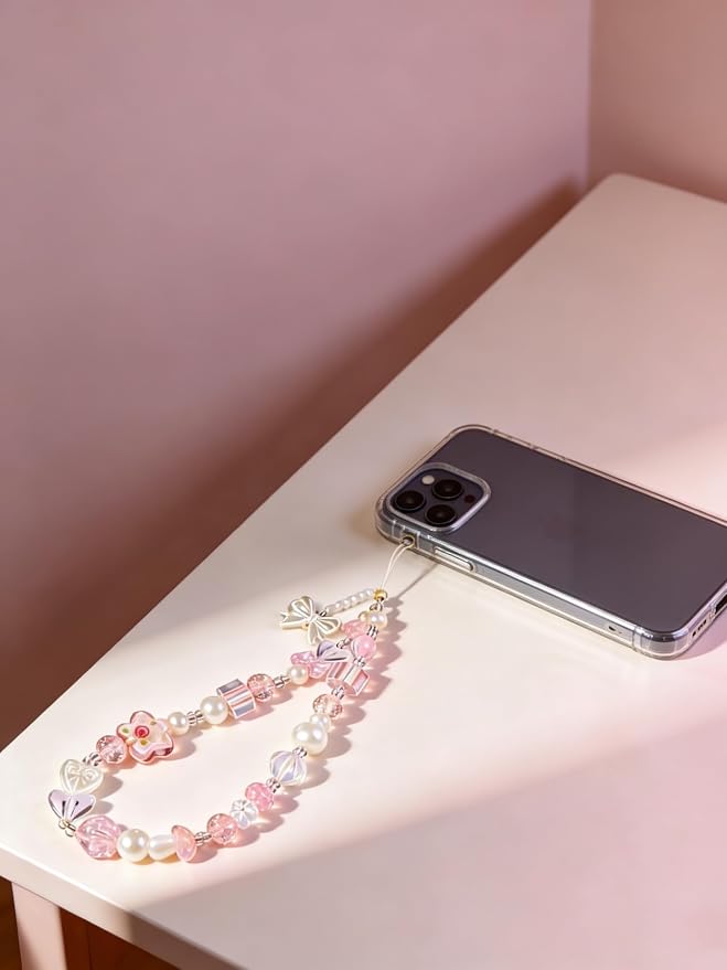 2 Pcs Phone Charm Strap Hand for iPhone Wrist Strap Camera Lanyard Pearl Beaded Cute Chain String Accessories Universal for iPhone 17 Pro Max 16 15 Samsung Women Girls Keychain Bow Flower Blue Flower - Image 7