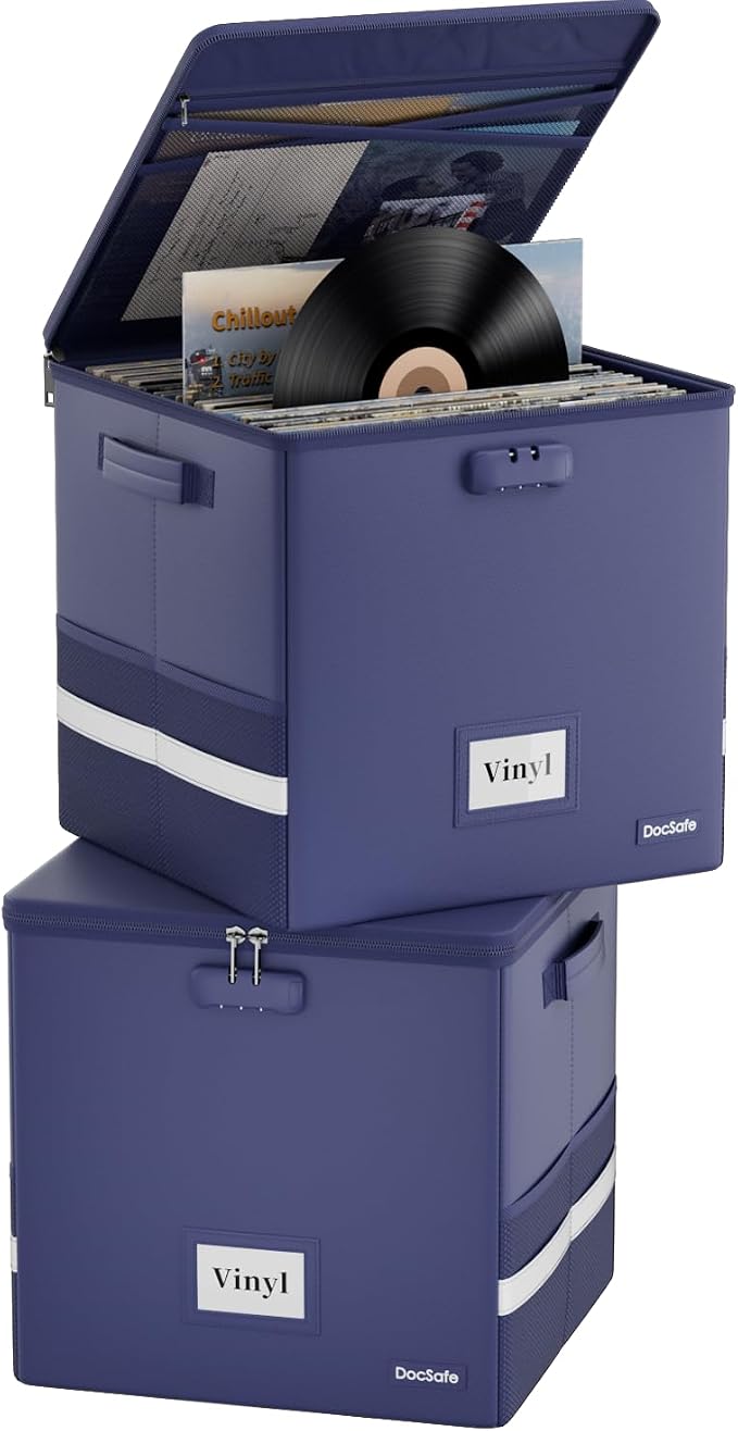 DocSafe Vinyl Record Storage Box with Lock,Fireproof Record Organizer Storage for 100+ Single Records(12-inch), Collapsible Storage Crate with Lid & Handles for Valuable Album Collection,Blue,2 Pack by DocSafe