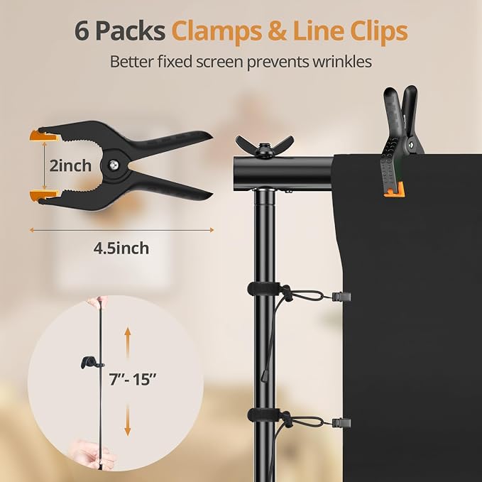 10x7ft Photo Backdrop Stand Kit with 6x9ft Black Backdrop Screen | Portable Photography Frame, Adjustable Support kit with 6 Clamps, Carry Bag for Photo, Video Recording, Streaming, Decoration - Image 5