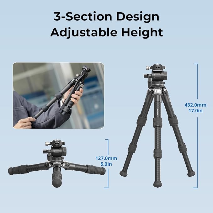 SmallRig Carbon Fiber Tabletop Tripod Kit - 5025 | 17" Mini Desktop Tripod with Fluid Video Head, Built-in QR Plate for Arca, Holds Up to 3kg/6.6lb, Compact for Travel - Image 4