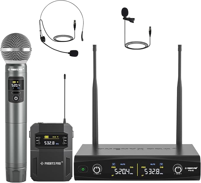 Phenyx Pro Dual UHF Tunable Freq Wireless Microphone System PTU-52-1H1B | 2 x 30 Tunable Fre, 200 ft Range, 2 Headset/Lapel Mics, Metal Cordless Mic for Singing, Karaoke, Church, Wedding, DJ Events by PhenyxPro