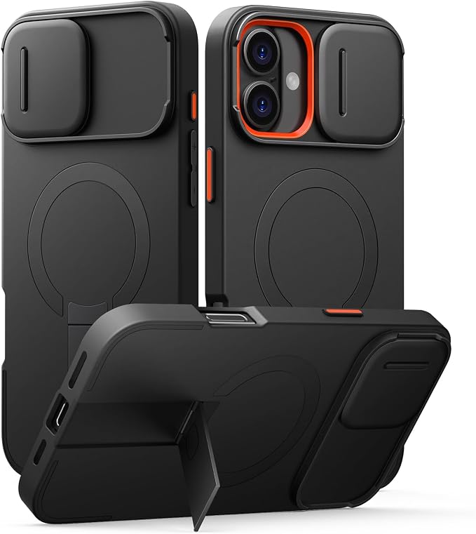SURITCH for iPhone 16 Plus Case with Magnetic Camera Slide Cover and Adjustable Kickstand, Compatible with MagSafe, Shockproof Bumper Case Slim Protective Cover for iPhone 16 Plus 6.7 Inch, Black by SURITCH