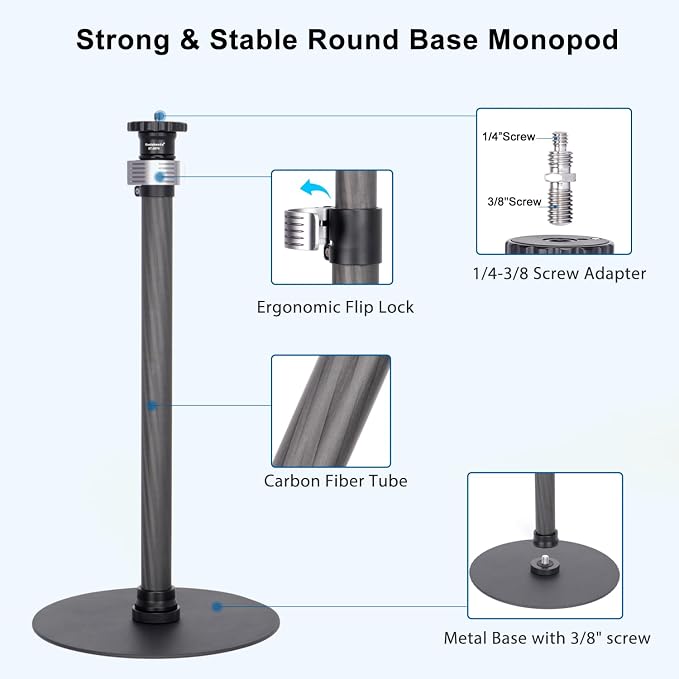 Koolehaoda Webcam Stand, Carbon Fiber Desk Tripod Stand,Round Base Monopod | with 360° Rotatable Ballhead for DSLR Camera Ring Light Webcam for Video Recording,Live Streaming Vlogging - Image 3