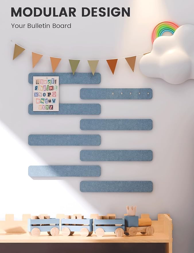 Fluxynara 13" x 2" Felt Wall Panels, Dusty Blue | 8-Pack Includes 50 Push Pins and Adhesive Tabs for Photos, Notes and Decor in Bedroom Doors, Home Office or Studios - Image 5