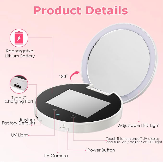 UV Camera for Sunscreen Test with 2X Magnifying Vanity Mirror 3.8 Inch | Rechargeable UV Mirror Sunscreen Camera with Light Handheld Double-Sided Pocket Mirror for Skin Protection(White) - Image 5