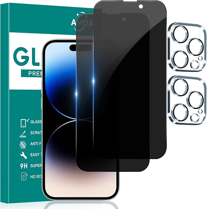 2+2 Pack Privacy Screen Protector for iPhone 14 Pro, 6.1 Inch | Camera Lens Protector, Tempered Glass, Anti-Spy, Bubble Free, Case Friendly by AVOAR