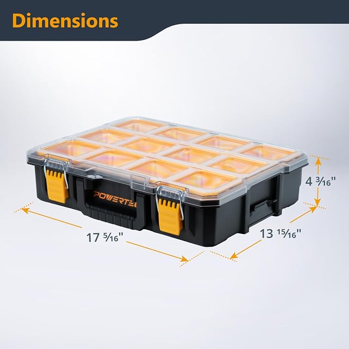 POWERTEC Small Parts Organizer & Tool Box – 10 Compartments, IP65 Water & Dust Protection, Stackable Storage with Interlocking Latch, Removable Tray, Clear Lid, Portable Design, 2-Pack (72365-P2) - Image 2