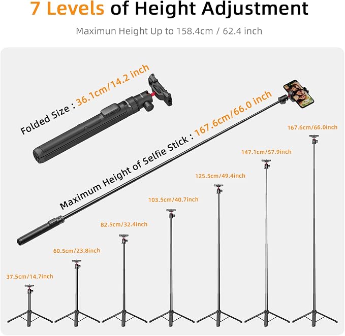 66" Selfie Stick Tripod for GoPro & Phone, Extendable Action Camera Tripod Stand with 360° Ball Head, Remote, Cold Shoe & 1/4" Screw, Compatible with GoPro Hero 14/13/12, DJI Osmo, Insta360 X5 - Image 2