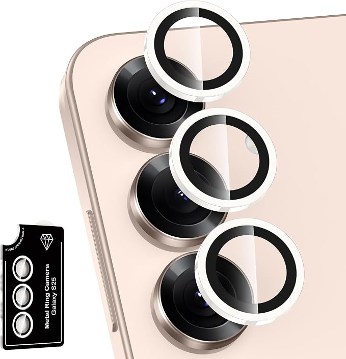 for Samsung Galaxy S25 Camera Lens Protector, Individual Metal Ring Tempered Glass Lens Cover, [Strong Adsorption] Scratch Resistant Ultra-Thin HD Clear Lens Cover, 1 Set-White Shine by Btscase