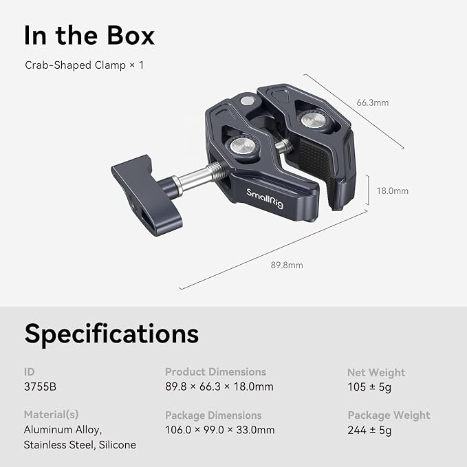 SMALLRIG Super Clamp, Camera Mount with 1/4'' and 3/8'' Threaded Holes | 7.7lbs/3.5kg Payload, Compatible with Cameras, Monitors, LED Lights, etc. - Image 7