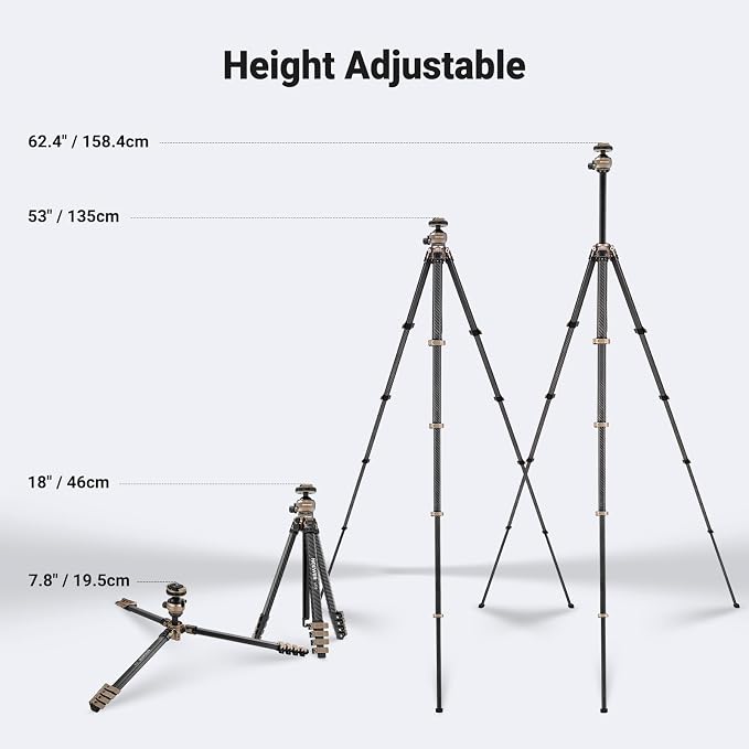 NEEWER LITETRIP Carbon Fiber Travel Tripod with Pan Tilt Low Profile Ball Head,62.4" DSLR Camera Phone Holder Stand Compatible with PD V3 Plates iPhone, 2 Center Columns,Max Load 22 lb, LT39 - Image 5