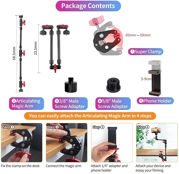 22" Articulating Magic Arm Camera Mount, Desk Clamp Overhead Mount | Anti-deflection lock, anti-slip pads, 0.55lb load, 1/4 3/8 5/8 adapters, aluminum, POV, light, phone, webcam, mic, vlogging - Image 6