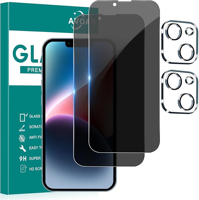 2+2 Pack Privacy Screen Protector for iPhone 14, 6.1 Inch | Camera Lens Protector, Tempered Full Screen Glass, Anti-Spy, Bubble Free, Case Friendly by AVOAR