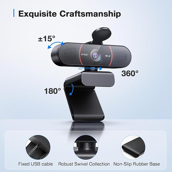 EMEET C960 4K Webcam with Tripod, 3 Adjustable Height, 360° Swivel Head | DesktopTripod w/Privacy Cover, PDAF Auto Focus, Dual Omni Mics, Auto Light Correction, Perfect for Online Meetings - Image 8