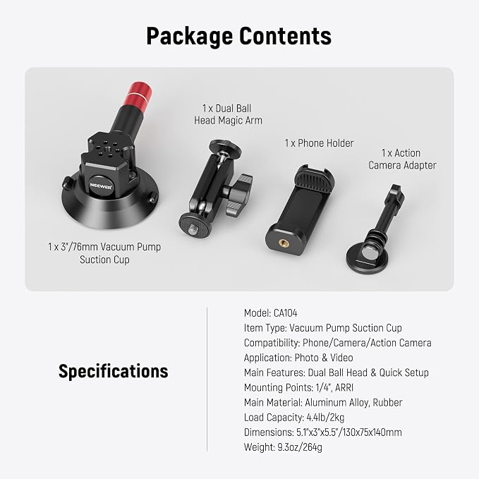NEEWER 3" Suction Cup Camera Mount Bracket with Ball Head Magic Arm, CA104 | 1/4" ARRI Holes, Quick Release Car Mount, Phone Holder, Action Camera Adapter, Compatible with iPhone DJI Insta360 - Image 7